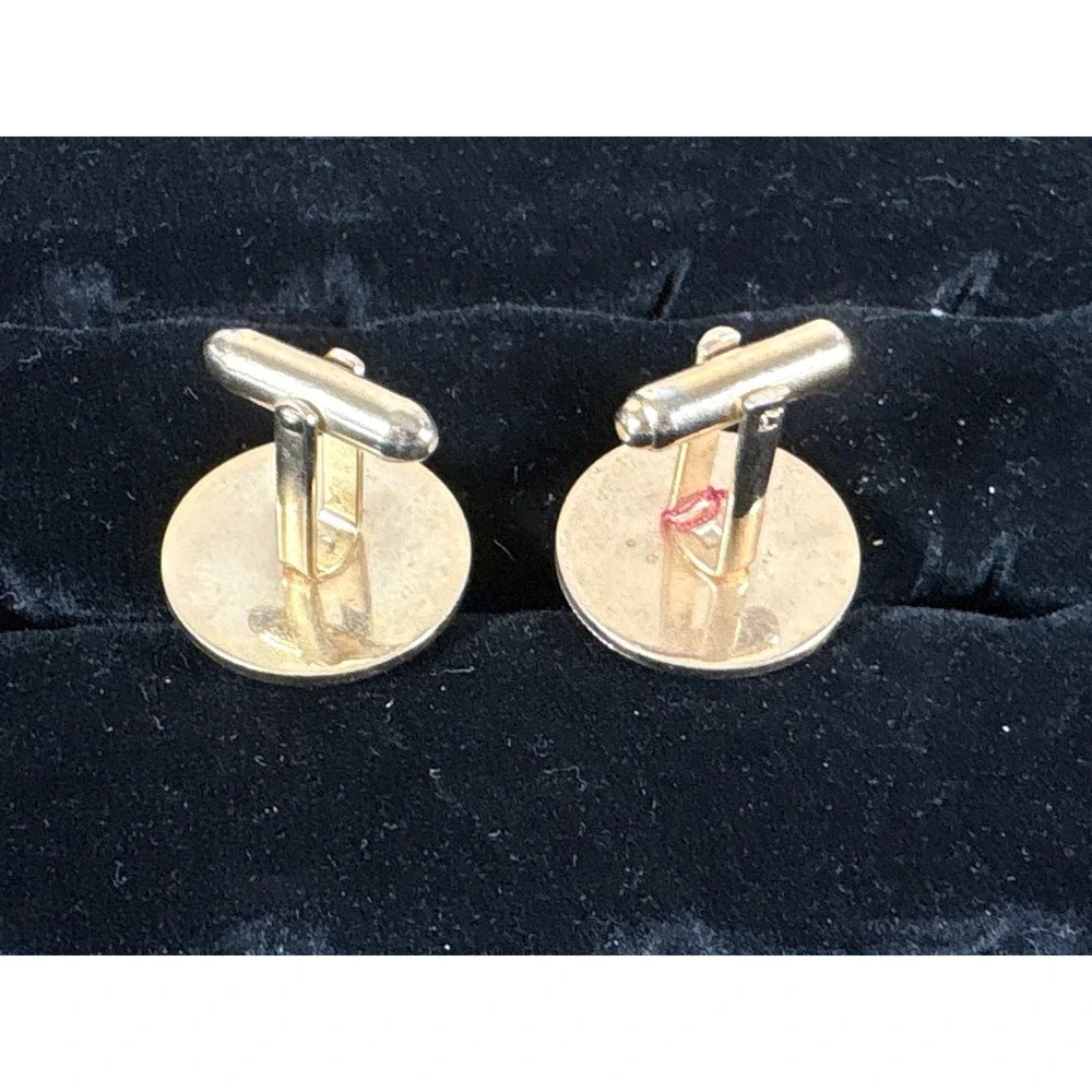 Vintage Gold Tone Round Cufflinks Black Faceted Center Sunburst Texture Mens